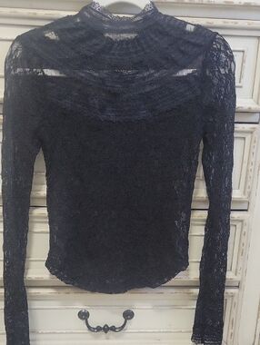 Free People Black Lace Long-Sleeve Mock Neck Top